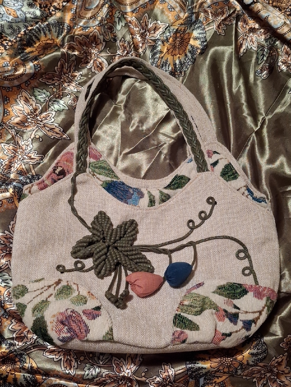 Woven Floral Accent Tote Bag in Natural and Olive